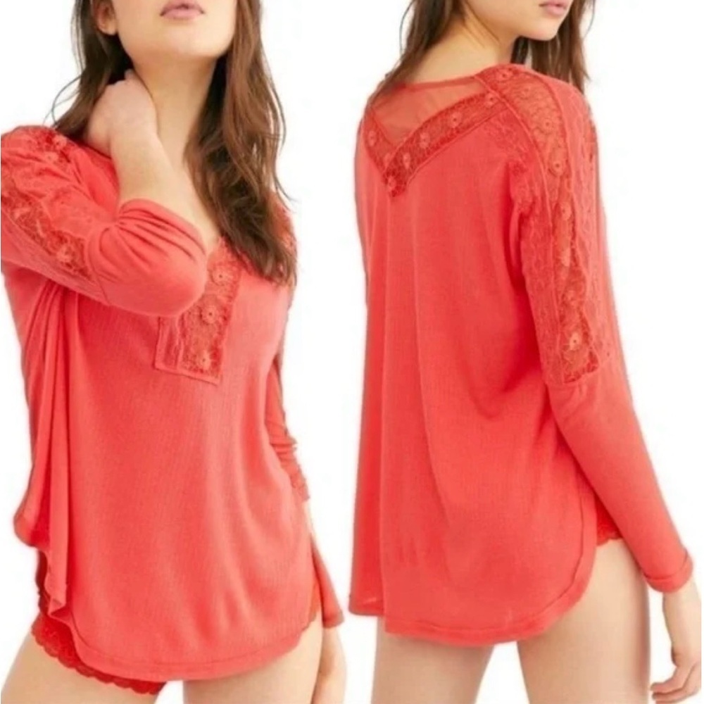 Free People Coral Lace Detail Pajama Top